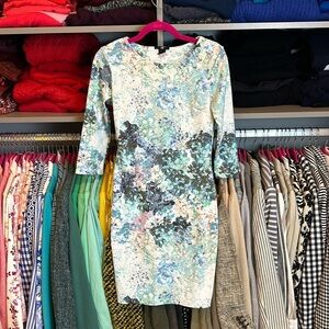 H&M white with blue/pink flower print 3/4 quarter length sleeve bodycon dress S